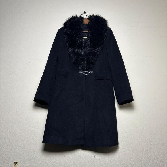 Ivanka Trump Peacoat Jacket Women 12 Black Outerwear Faux Fur Trim Belted Wool - Picture 1 of 16